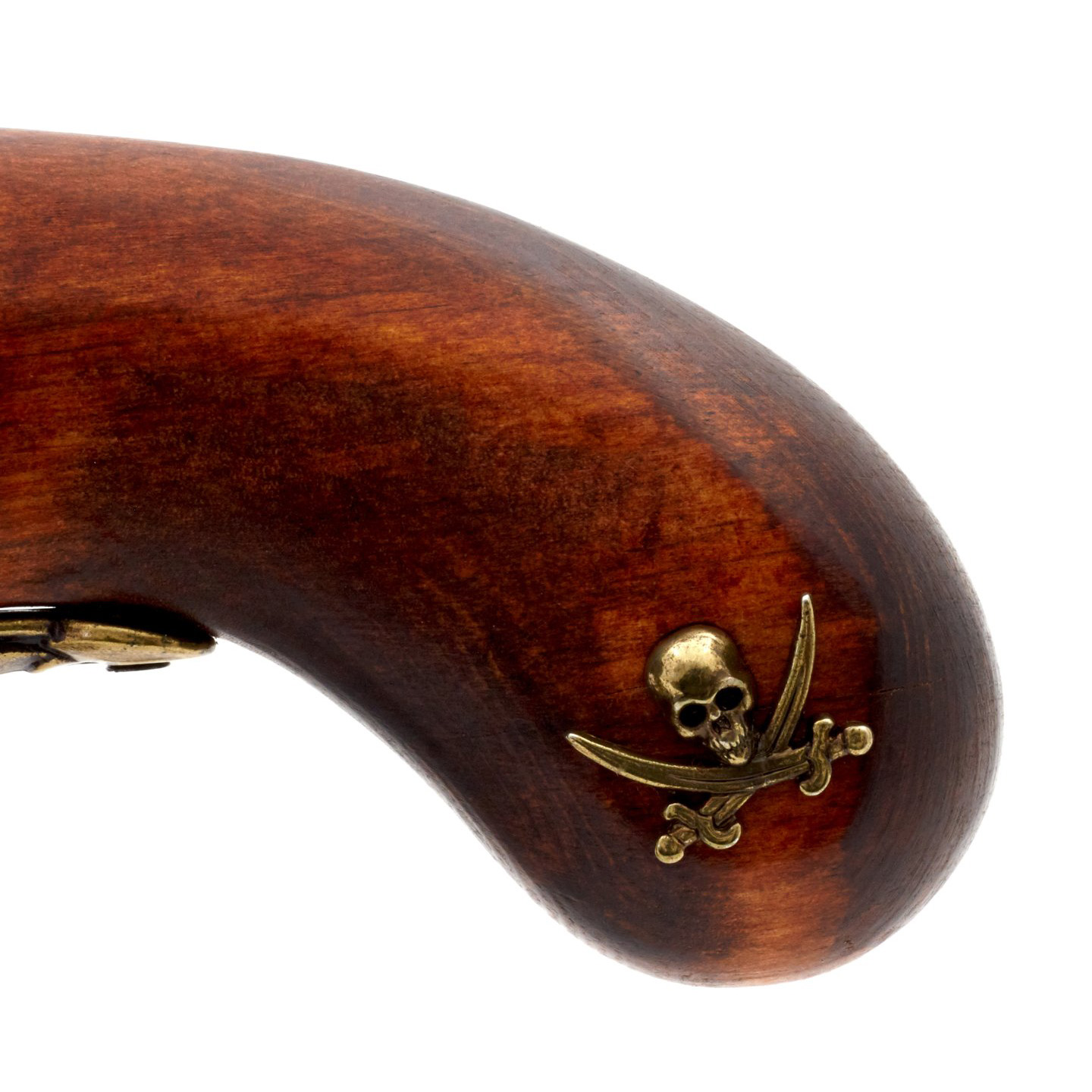 Pistolet pirate à silex pour gaucher en bois et métal finition laiton, XVIIIe siècle