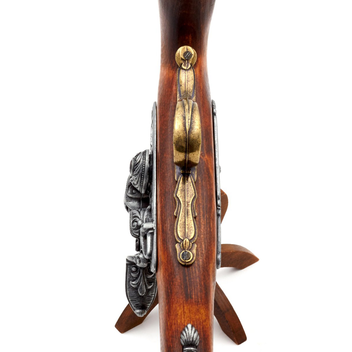 Pistolet pirate à silex pour gaucher en bois et métal finition laiton, XVIIIe siècle