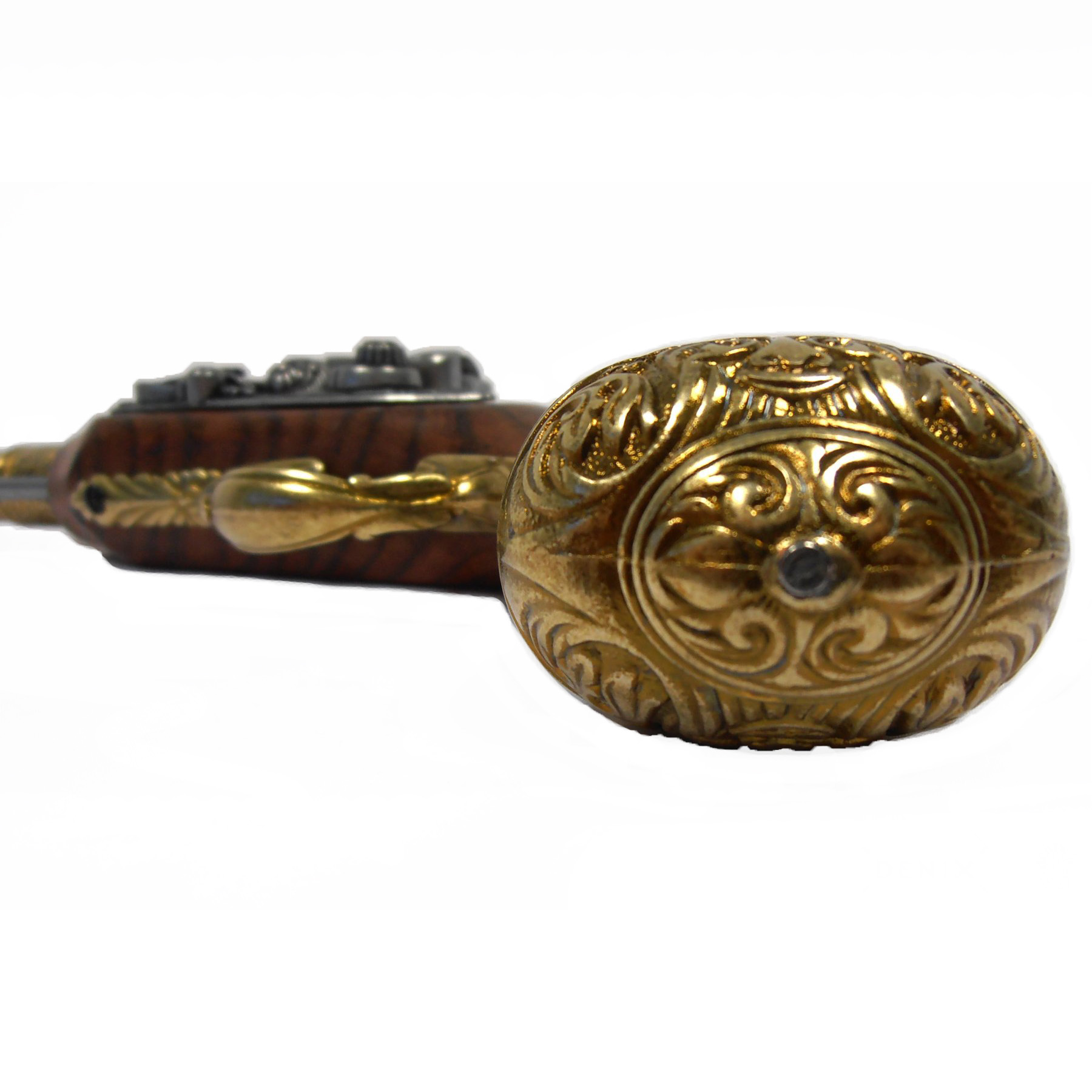 Pistolet à silex gaucher en bois et métal finition laiton, Inde, XVIIIe siècle