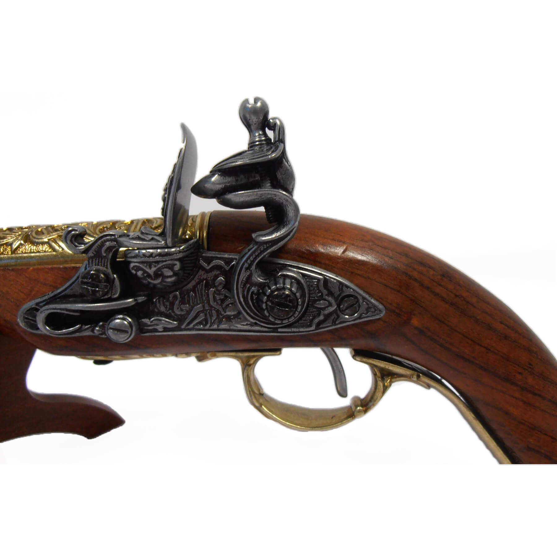 Pistolet à silex gaucher en bois et métal finition laiton, Inde, XVIIIe siècle