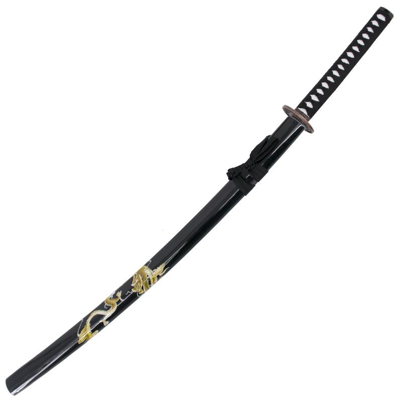 Katana decorativa com bainha preta com dragão e cabo preto