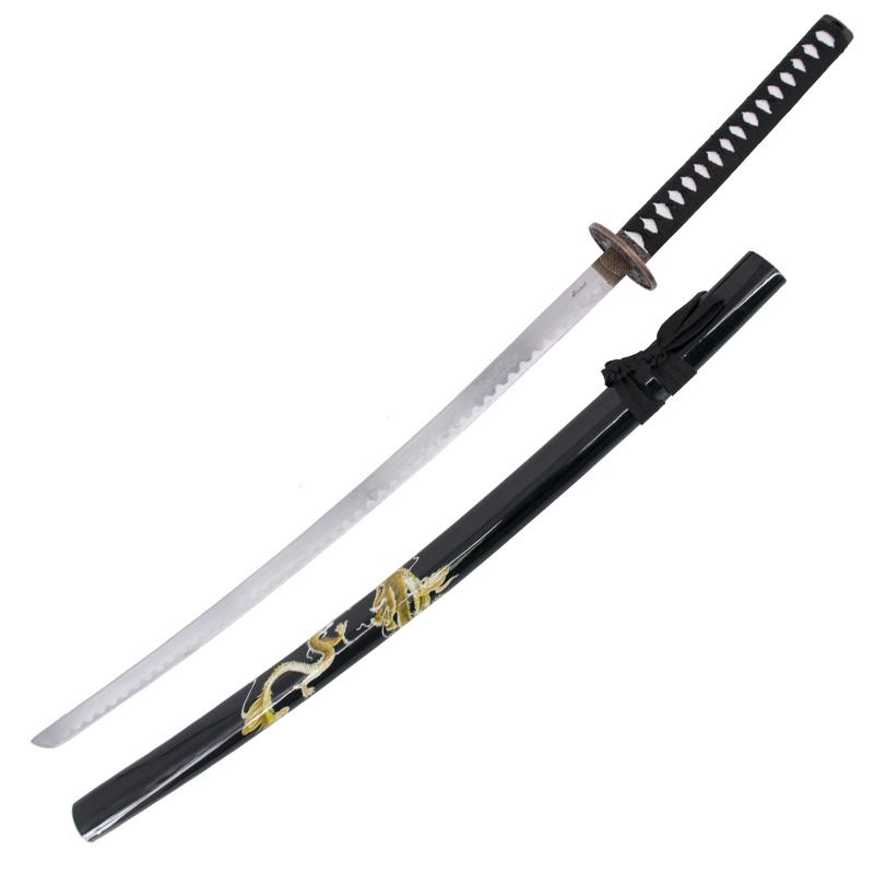 Katana decorativa com bainha preta com dragão e cabo preto