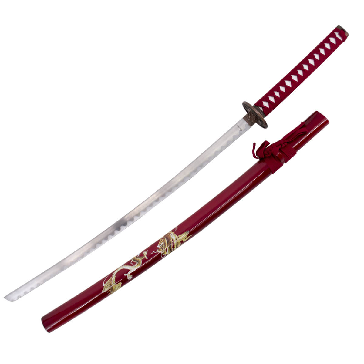 Katana decorativa con vaina roja con dragón y puño rojo
