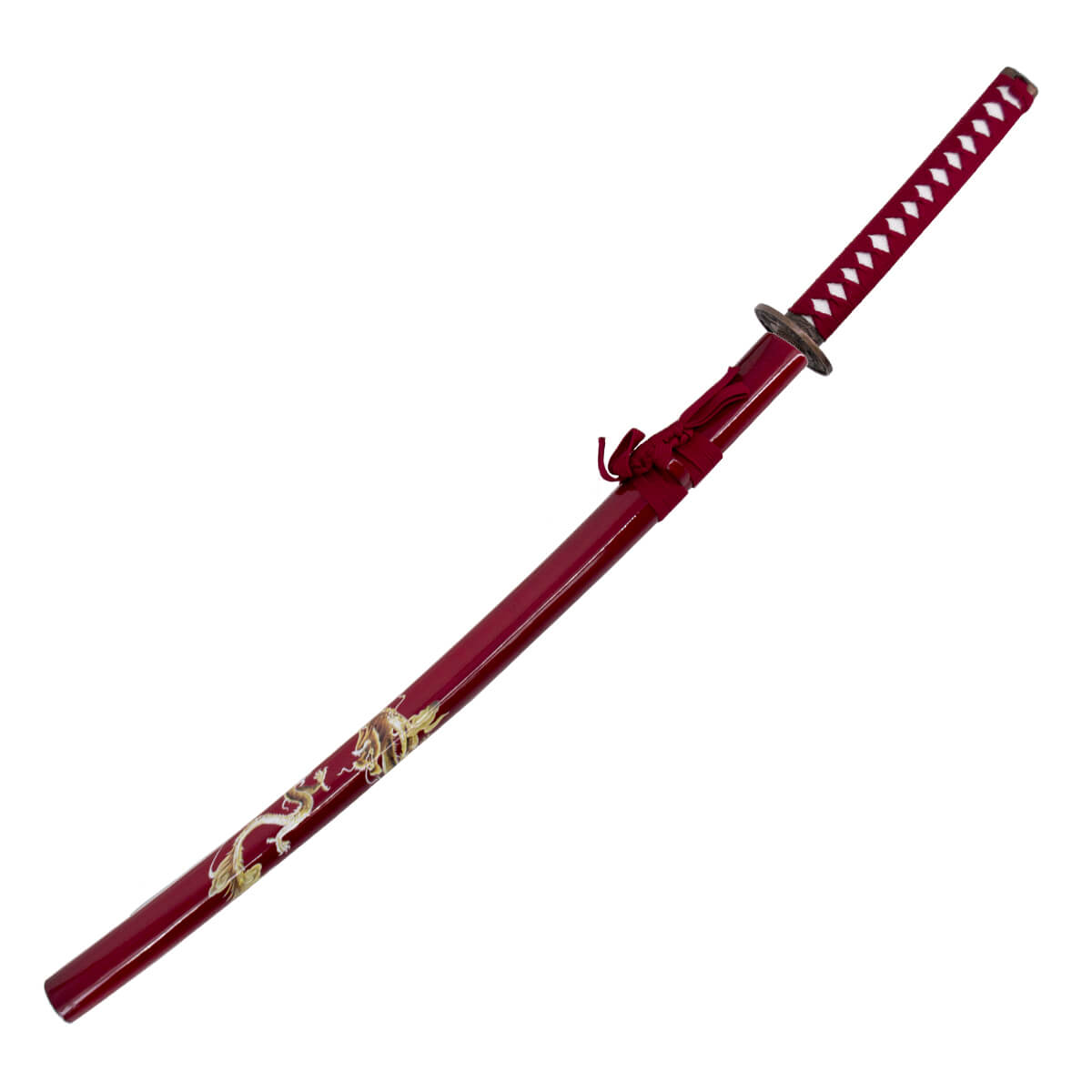 Katana decorativa con vaina roja con dragón y puño rojo