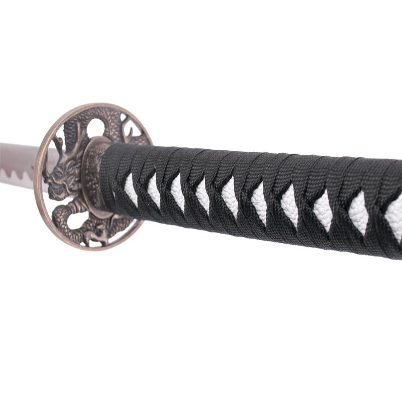 Katana decorativa com bainha branca com dragão e cabo preto
