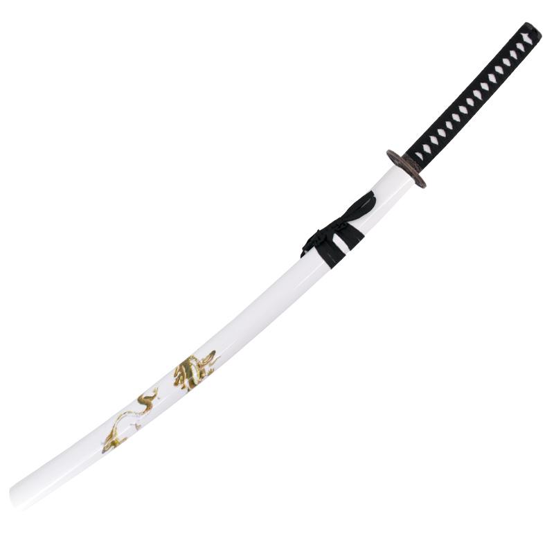 Katana decorativa com bainha branca com dragão e cabo preto