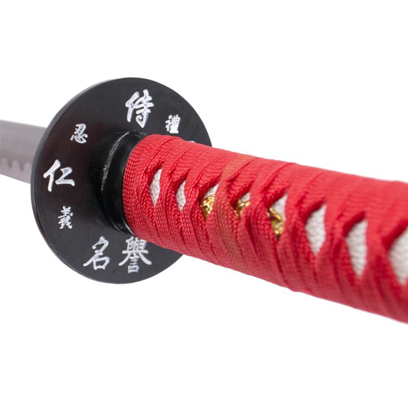 Katana decorativa con vaina roja con inscripción