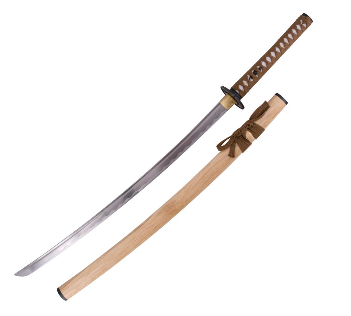 Funktionelles Katana mit holzfarbener Scheide und brauner Bespannung