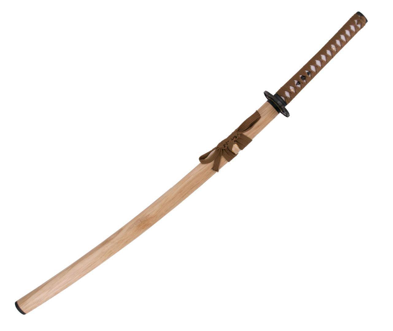 Funktionelles Katana mit holzfarbener Scheide und brauner Bespannung