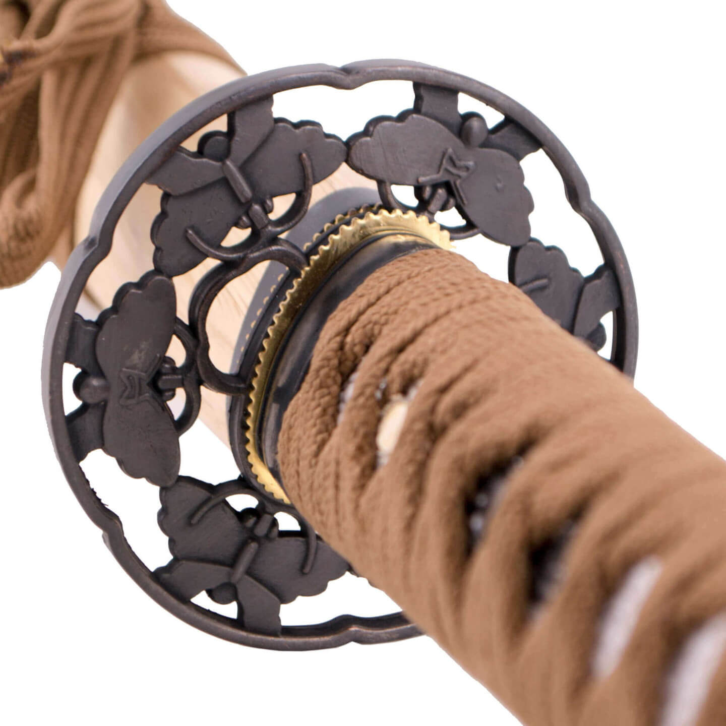 Funktionelles Katana mit holzfarbener Scheide und brauner Bespannung