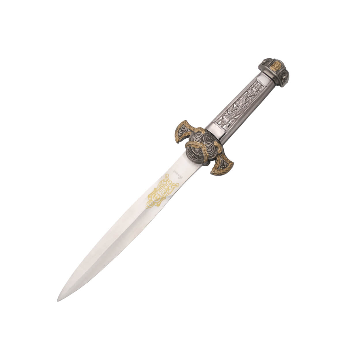 Daga Azteca con empuñadura color níquel y pomo y guarda con dibuj...