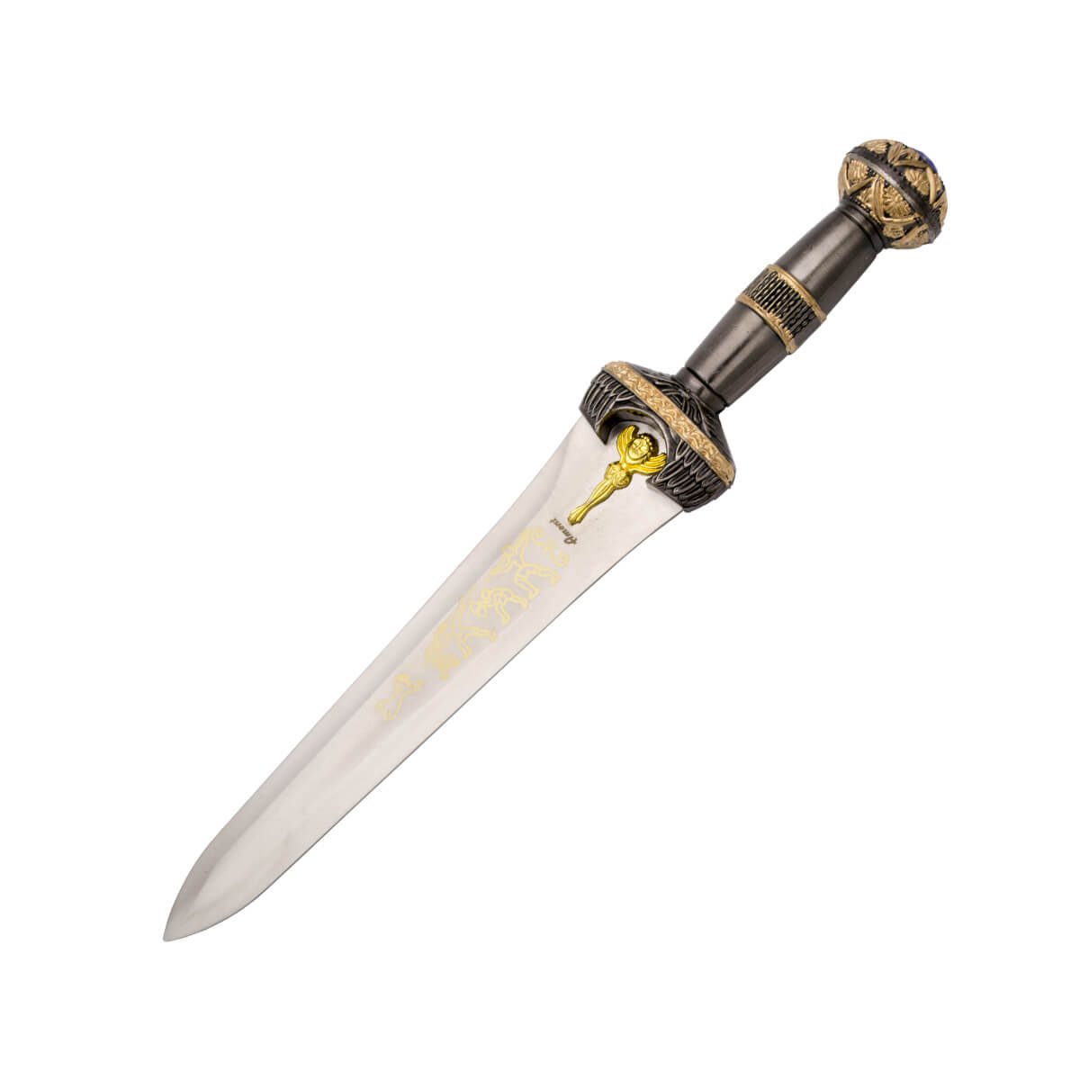 Daga Griega con empuñadura y guarda color níquel y bronce y vaina...