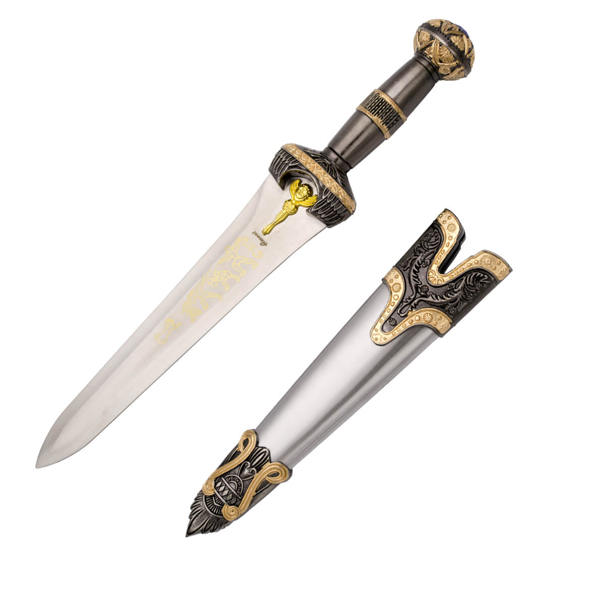 Daga Griega con empuñadura y guarda color níquel y bronce y vaina metálica decorada