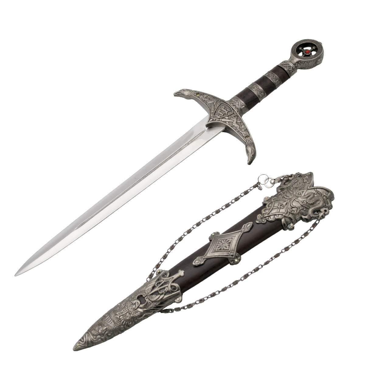 Robin Hood dagger with nickel-colored pommel with bright red and black scabbard and nickel with chain