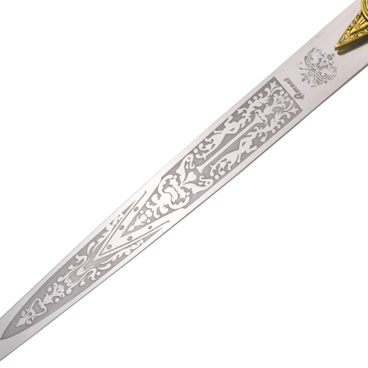 Poignard maçonnique avec pommeau et garde couleur bronze et lame avec gravures de 24 cm