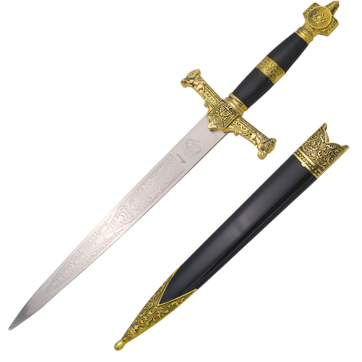 Daga de Salomón con pomo y guarda en color bronce y hoja con grab...