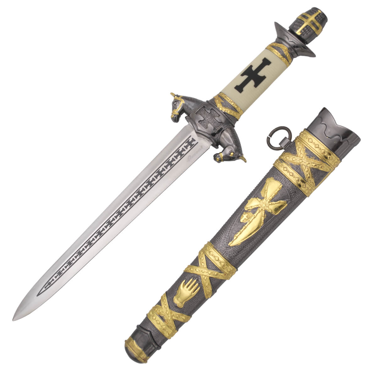 Daga caballero medieval con pomo y guarda en color níquel y hoja ...