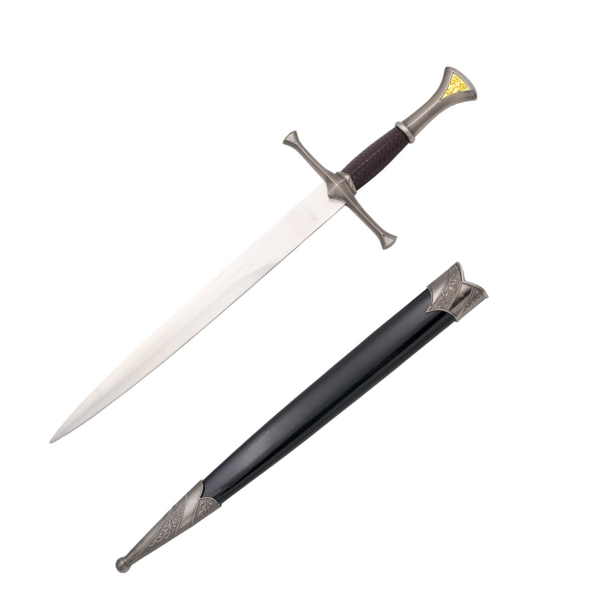 Daga medieval con pomo color níquel y detalle dorado y vaina negra