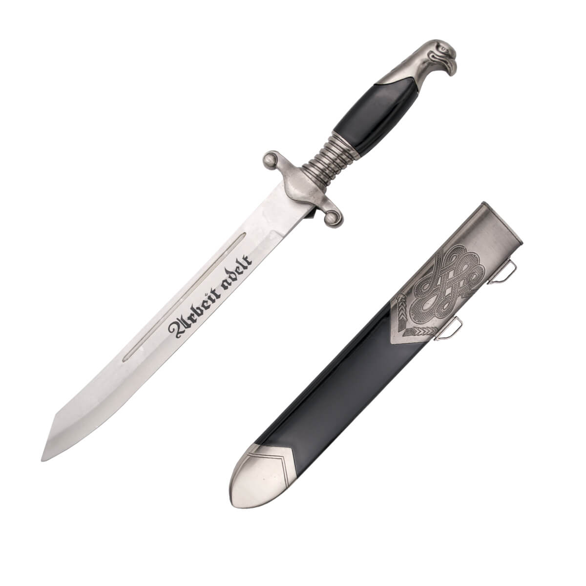 Poignard à gravures et pommeau à tête d'aigle en nickel avec fourreau noir