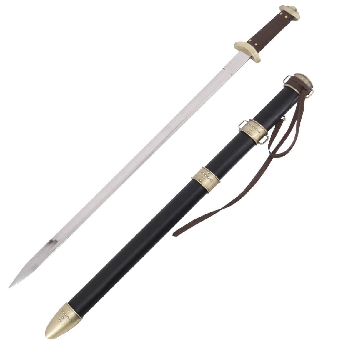 Espada vikinga con pomo y guarda color bronce y empuñadura de cue...