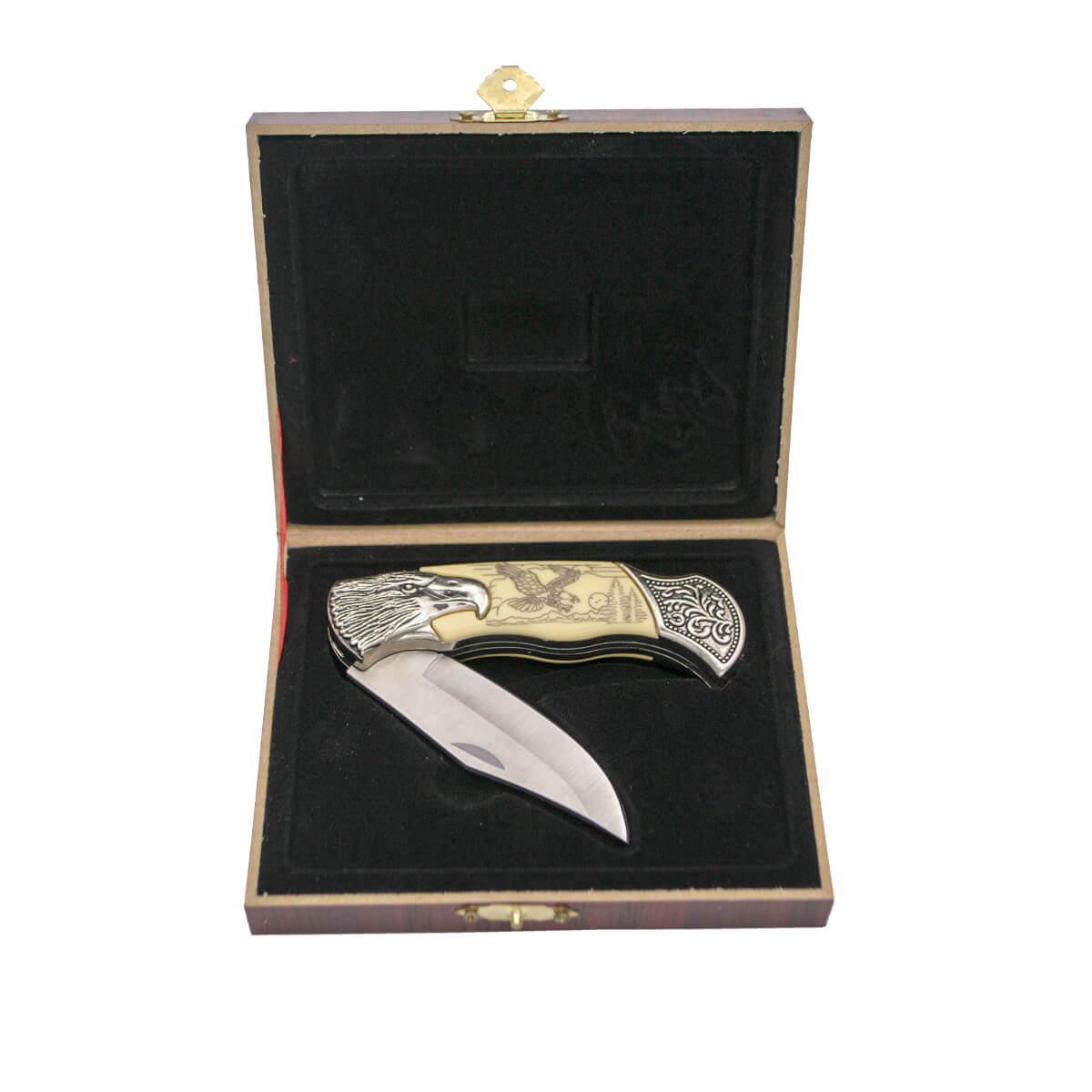 Navaja decorativa con dibujo de águila en caja de presentación