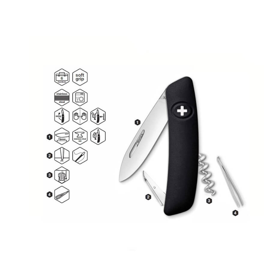 Couteau polyvalent noir Swiza D01 avec 6 fonctions KNI.0010.1010