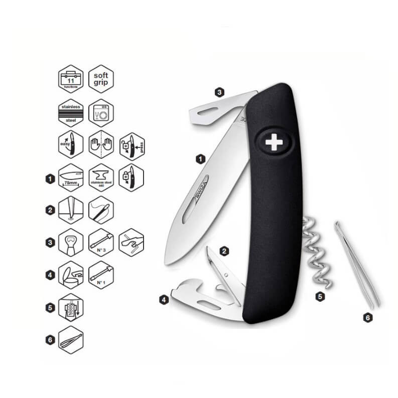 Navaja multiusos Swiza D03 Negra con 11 funciones