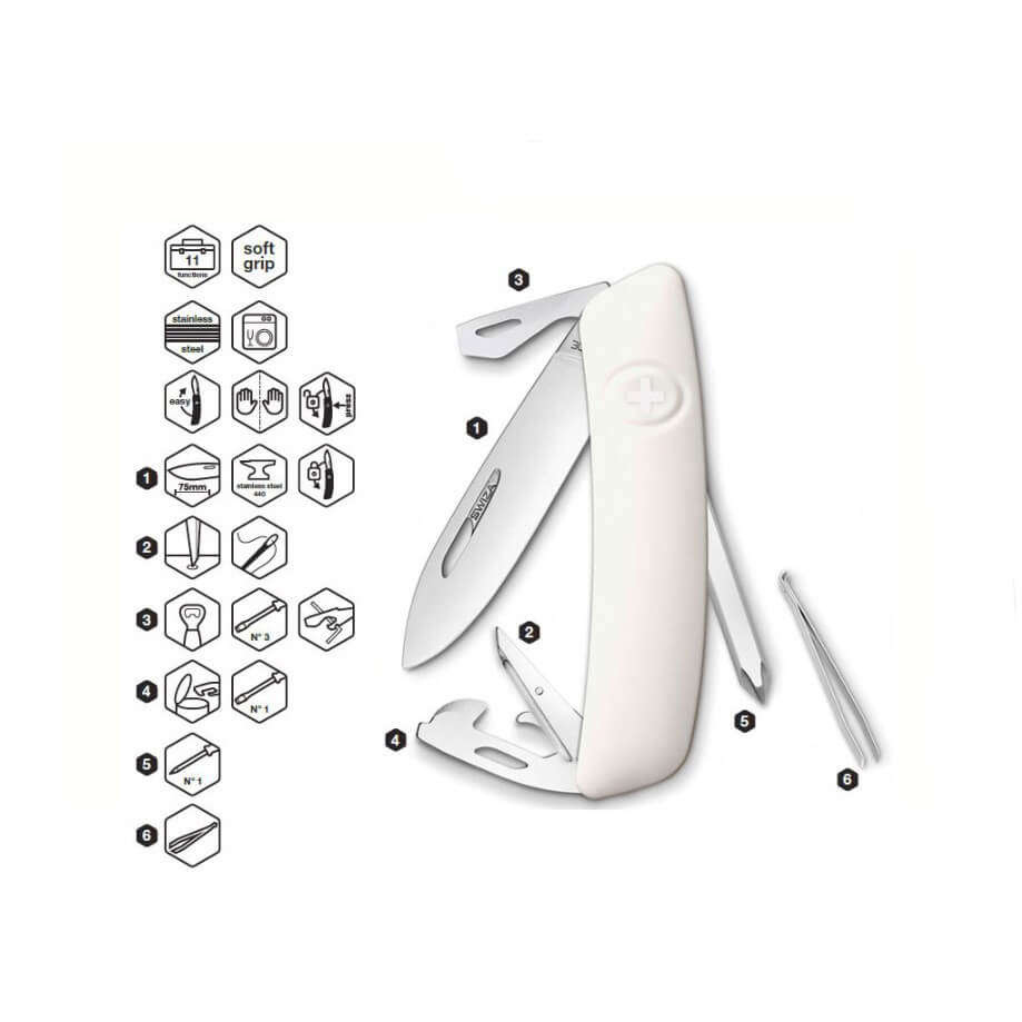 Couteau polyvalent Swiza D04 blanc avec 11 fonctions KNI.0040.1020