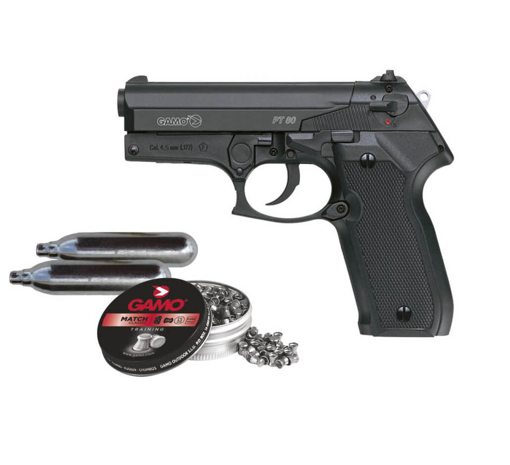 Pack pistola de CO2 Gamo PT-80 con balines  y bombonas CO2