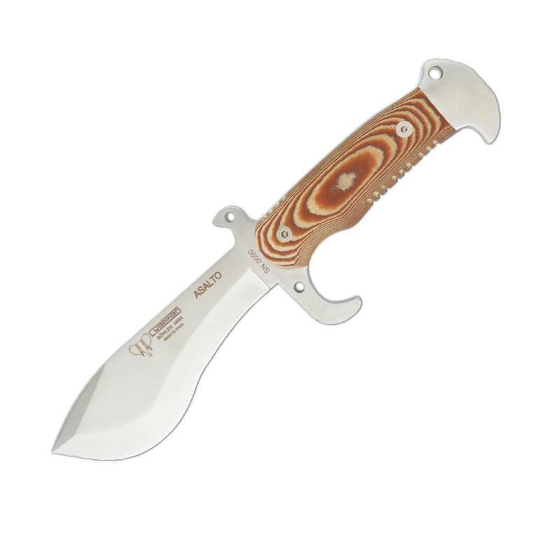 Cuchillo táctico Cudeman modelo ASALTO. Mango micarta marrón. Funda Kydex 
