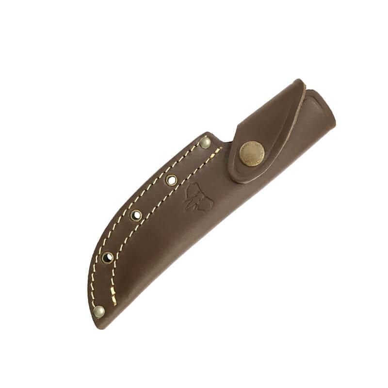 Cuchillo Bushcraft con hoja de acero MoVa de 11 cm. Cachas en micarta marrón y funda de cuero.