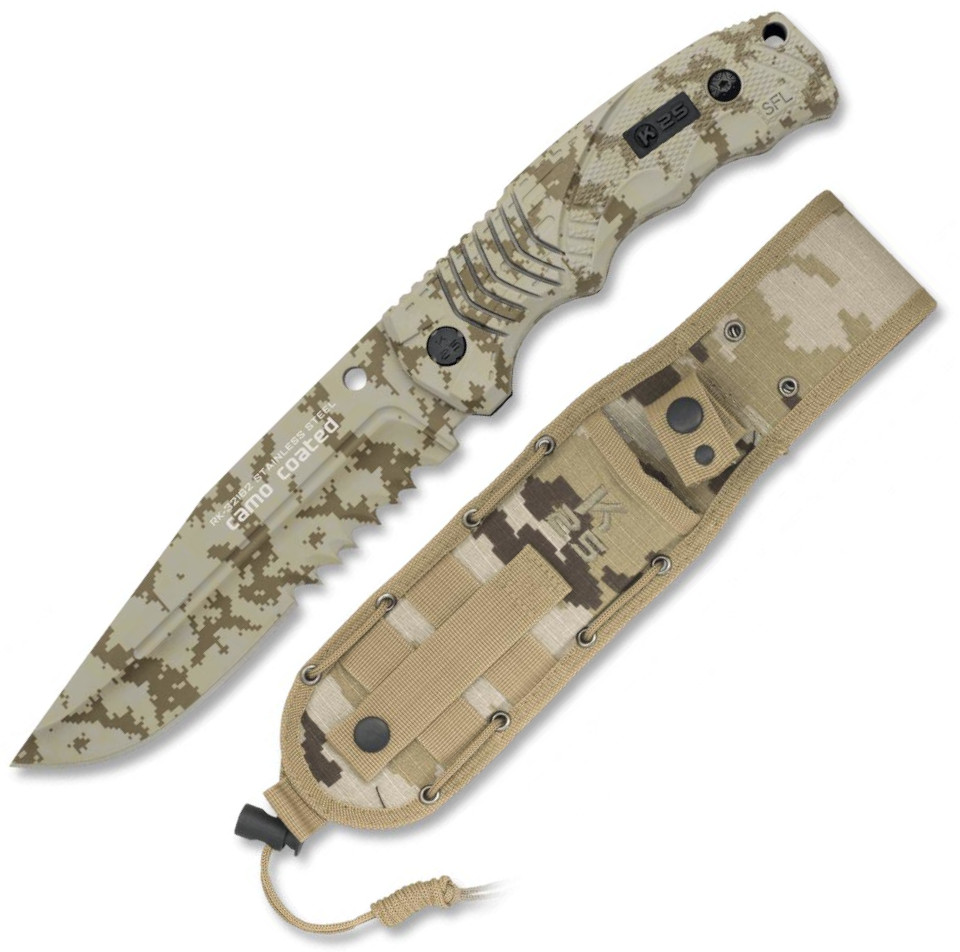 Cuchillo K25 con mango SFL de camuflaje, funda de nylon y hoja se...