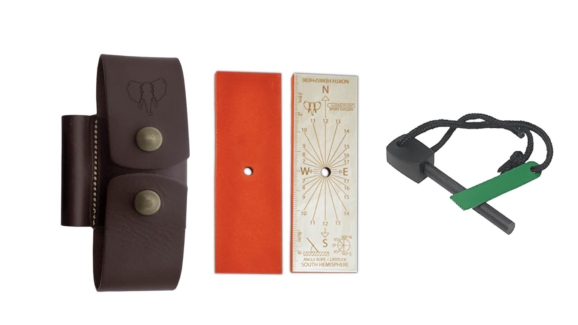 Bushcraft ENT Cudeman knife with olive wood handle and multiposition sheath with complete kit