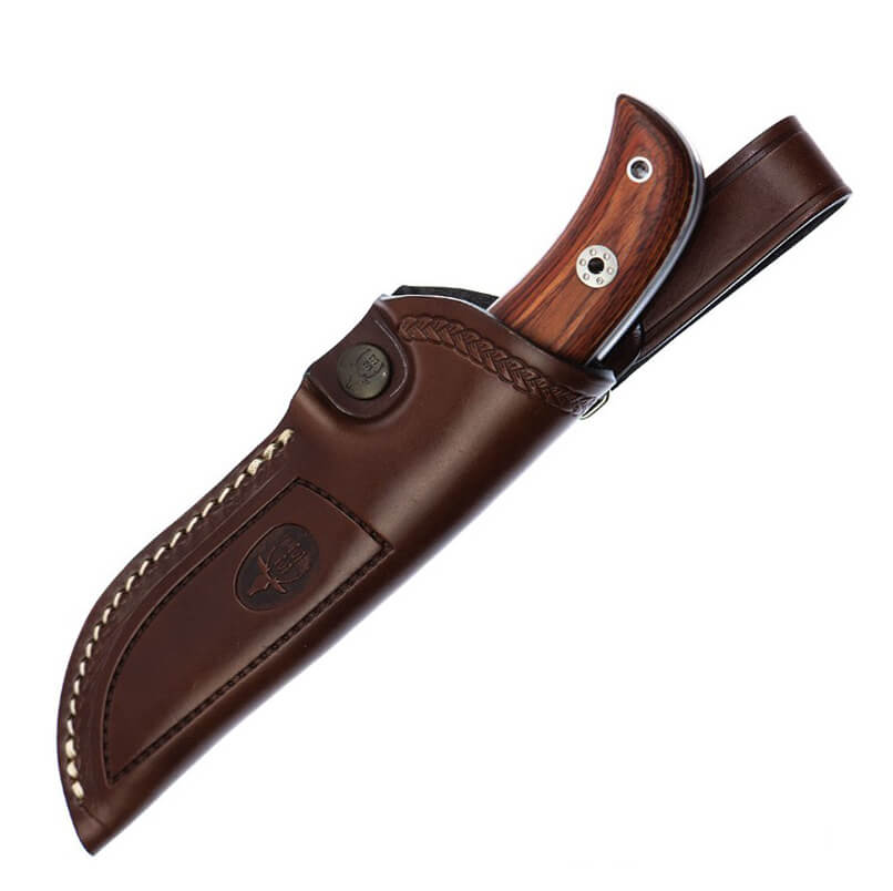 Cuchillo de caza Muela Husky con hoja de acero Sandvik 14C28N y mango de triple fusion de micartas y madera prensada