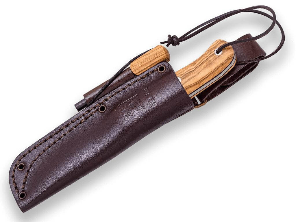 Cuchillo Bushcraft BS9 Campero de madera de olivo y Sandvik 14C28N con pedernal