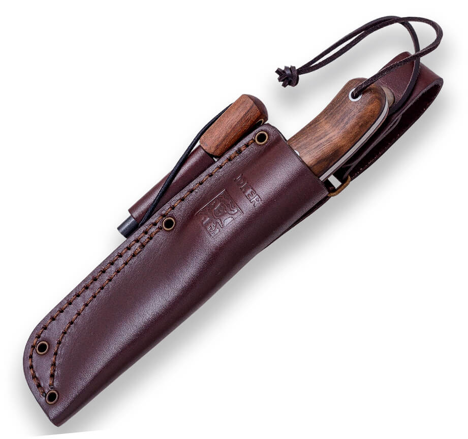 Cuchillo bushcraft Joker BS9 Trampero con mango de madera de nogal y hoja de 10 cm con pedernal