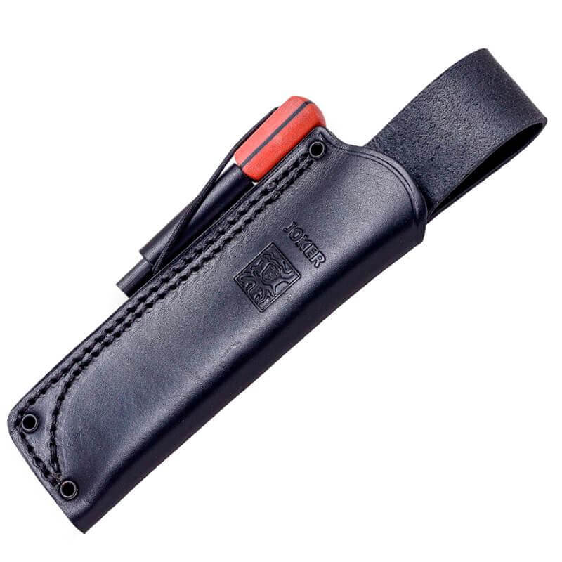 Joker BS9 Lynx avec poignée en micarta orange et étui en cuir, ferrocerium inclus