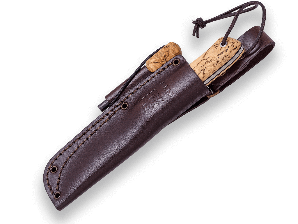 Couteau Bushcraft BS9 Nordic Joker avec manche en bouleau ondé et lame Sandvik 14C28N avec silex