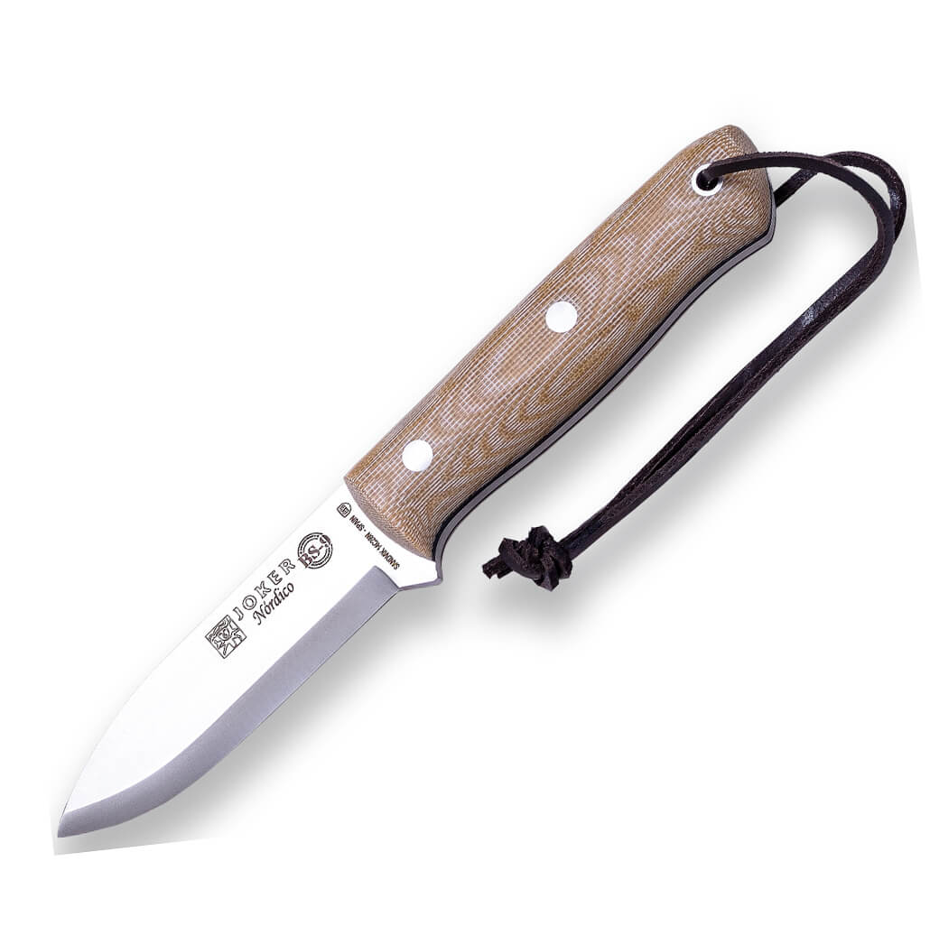 Cuchillo bushcraft BS9 Nórdico Joker con mango de micarta marrón y hoja de Sandvik 14C28N con pedernal