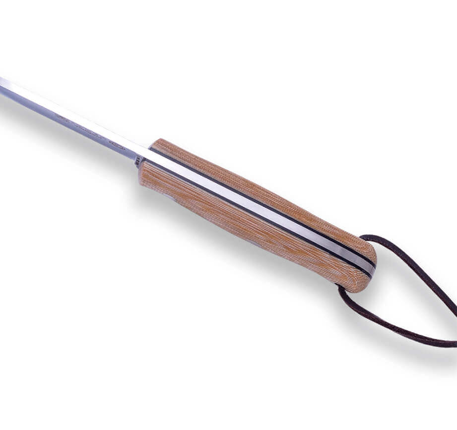 Cuchillo bushcraft Joker BS9 Trampero con mango de micarta beige y hoja de 10 cm con pedernal