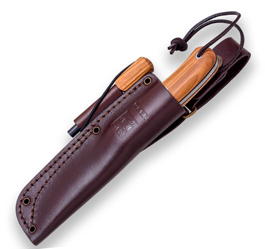 Faca bushcraft Joker BS9 Trapper com cabo em madeira de oliveira e lâmina de 10 cm com pederneira