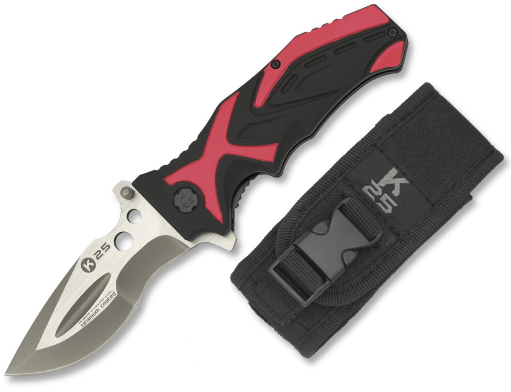 Navaja K25 con mango de aluminio negro y rojo y hoja revestida de...