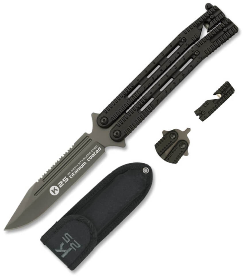 Navaja táctica de mariposa K25 con rompevidrios, cutter para cint...