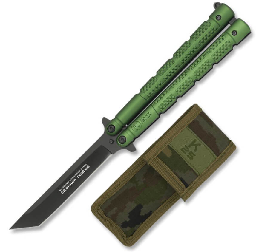 Navaja tipo abanico de K25 con mango de aluminio verde con hoja d...