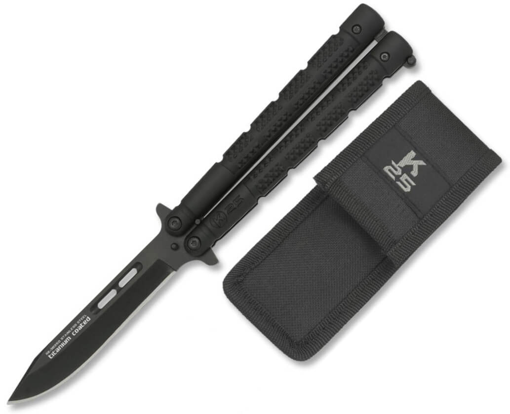 Navaja tipo mariposa de K25 con mango de aluminio negro y hoja de...