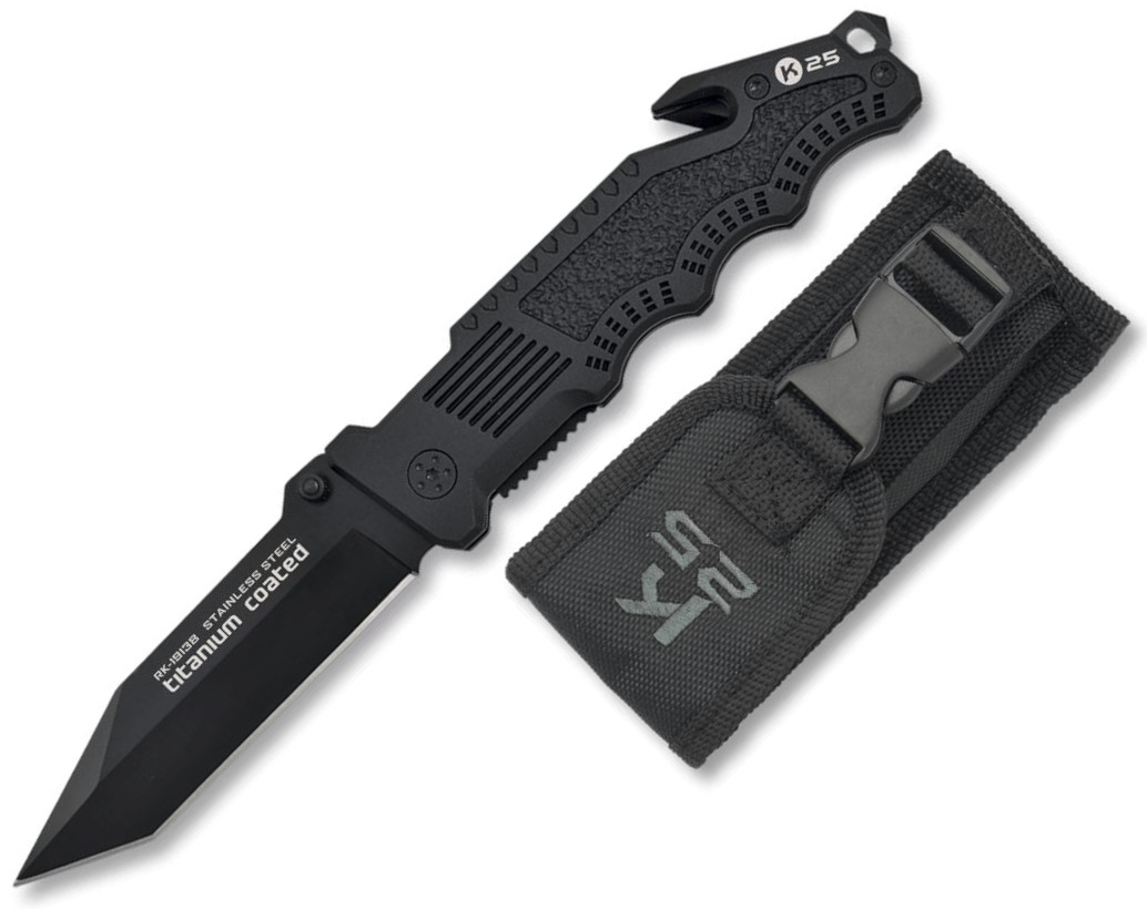 Navaja táctica K25 con funda de nylon, clip, corta cinturones y h...