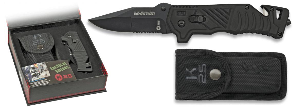 Navaja táctica K25 presentada en caja con mango SFL negro, funda ...