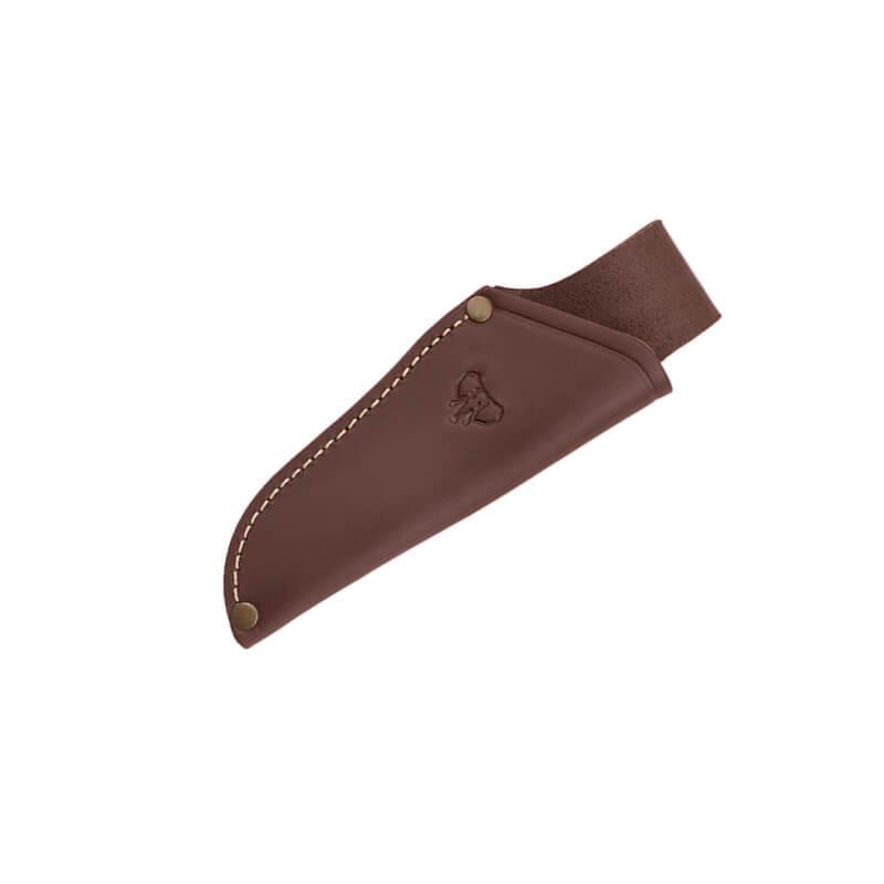 Faca para esfolar com escamas de madeira de oliveira. Lâmina de aço molibdênio vanádio. Bainha de couro marrom.