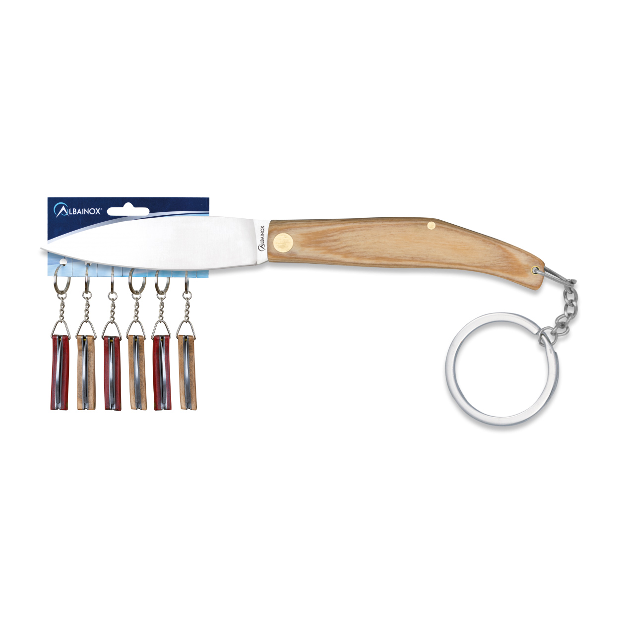 Blister 6 navajas llavero con mango de madera y hoja de 5 cm
