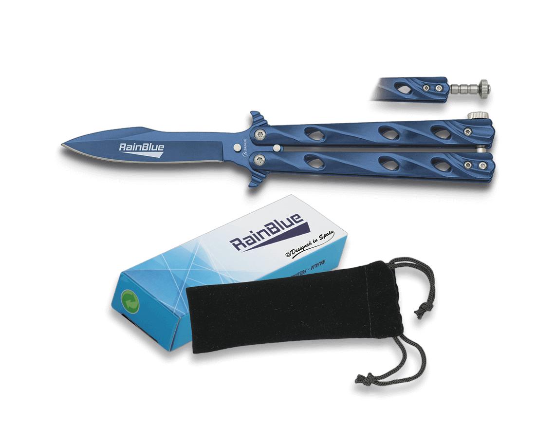 Navaja mariposa Rainblue con mango de acero y hoja de 9 cm, funda...